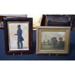 A small framed oil on canvas of a woodland scene together with a framed silhouette of a gentleman.
