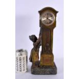 AN EARLY 20TH CENTURY COLD PAINTED SPELTER MANTEL CLOCK formed as a child holding an umbrella beside