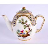 Sevres teapot and cover painted with a bird in landscape in the style of Oncle, surrounded by panels