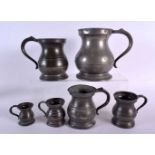 SIX ANTIQUE CONTINENTAL PEWTER MEASURING JUGS. Largest 18 cm x 12 cm. (6)