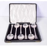A SET OF SIX ARTS AND CRAFTS SILVER PLATED SPOONS. 15.5 cm long. (6)