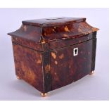 A REGENCY CARVED TORTOISESHELL TWO DIVISION TEA CADDY decorated with a banding of motifs. 13 cm x 15