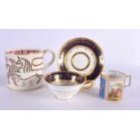 AN ANTIQUE VIENNA CUP together with a cup & saucer & a mug. Largest 12 cm x 12 cm. (4)