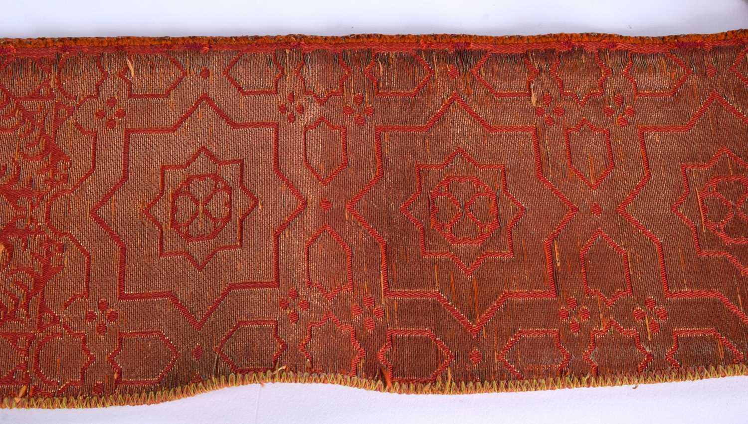 A 19TH CENTURY TURKISH ORANGE AND RED SILK EMBROIDERED BELT decorated with gold motifs. 280 cm - Image 7 of 8