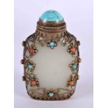 A FINE 18TH CENTURY CHINESE WHITE JADE SNUFF BOTTLE AND STOPPER overlaid with coral and turquoise.