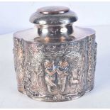 AN ANTIQUE SILVER PLATED TEA CADDY AND COVER. 192 grams. 10.5 cm x 10 cm.