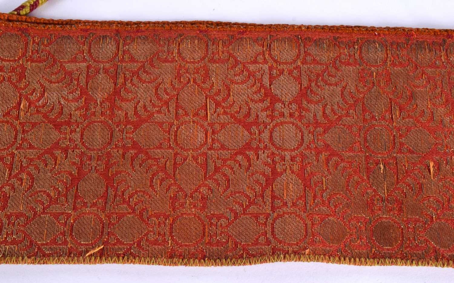 A 19TH CENTURY TURKISH ORANGE AND RED SILK EMBROIDERED BELT decorated with gold motifs. 280 cm - Image 8 of 8