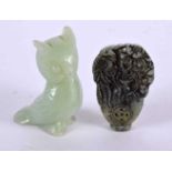 A CHINESE JADE PENDANT together with an owl. Largest 5.25 cm x 4 cm. (2)