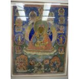 A LARGE 18TH CENTURY TIBETAN PAINTED THANGKA depicting Buddhistic figures. 106 cm x 85 cm.