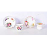 TWO ANTIQUE WEDGWOOD PORCELAIN CUPS AND SAUCERS painted with flowers. Largest 16 cm diameter. (4)