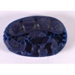 A CHINESE CARVED LAPIS LAZULI PENDANT 20th Century. 6 cm x 4 cm.