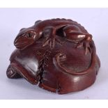 A JAPANESE CARVED BOXWOOD FROG AND MUSHROOM OKIMONO. 6 cm x 4 cm.