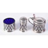 A SILVER CRUET SET. Birmingham 1951. Silver 41 grams. 5.5 cm x 4.5 cm. (3)