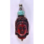 A TIBETAN SILVER CORAL AND TURQUOISE PENDANT. 33.5 grams. 8 cm x 2.75 cm.