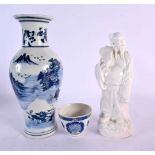A 19TH CENTURY CHINESE BLANC DE CHINE PORCELAIN FIGURE together with a vase & Doucai teabowl.