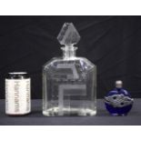 A lovely art Deco decanter together with a Cobalt blue perfume bottle with pewter leaf decoration 26