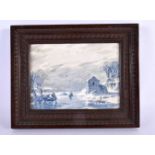 A 19TH CENTURY CONTINENTAL BLUE AND WHITE PORCELAIN PLAQUE painted with ice skating scenes. 27 cm