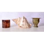 An embossed Indian brass vase together with a shell and a Tortoiseshell effect box largest 20 cm (