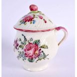 18th century Mennecy custard cup and cover with fine spiral moulding, painted with roses and other