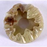 AN EARLY 20TH CENTURY CHINESE CARVED TRI BAT JADE ROUNDEL Late Qing/Republic. 5.5 cm wide.