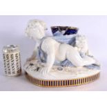 A LARGE 19TH CENTURY ENGLISH PORCELAIN FIGURAL VASE modelled as a putti beside a hound. 30 cm x 23