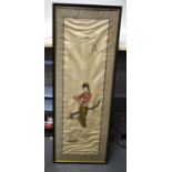 A LARGE JAPANESE TAISHO PERIOD SILK EMBROIDERED PANEL depicting a figure within a landscape. 135