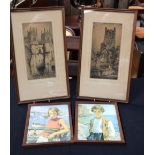 A pair of framed etchings together with two prints of children. Largest 26 x 13cm (4).