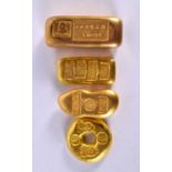 FOUR CHINESE YELLOW METAL SCROLL WEIGHT INGOTS. 417 grams. Largest 6.5 cm x 3 cm. (4)