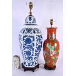 TWO CHINESE PORCELAIN LAMPS 20th Century. Largest 66 cm x 15 cm. (2)