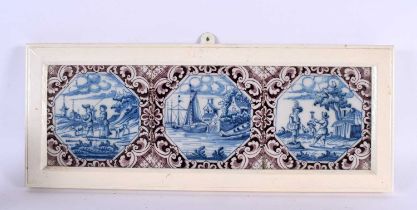 A SET OF THREE 18TH CENTURY DUTCH DELFT MANGANESE BLUE AND WHITE TILES. 42 cm x 15 cm.