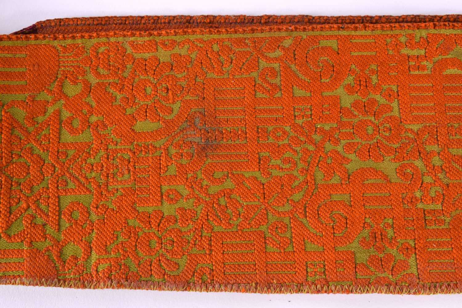 A 19TH CENTURY TURKISH ORANGE AND RED SILK EMBROIDERED BELT decorated with gold motifs. 280 cm - Image 2 of 8