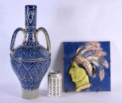 A LARGE 19TH CENTURY MIDDLE EASTERN TWIN HANDLED POTTERY VASE together with a pottery tile.