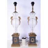 A pair of Cut glass lamps with brass swan handles set on brass plinths 63 cm (2).