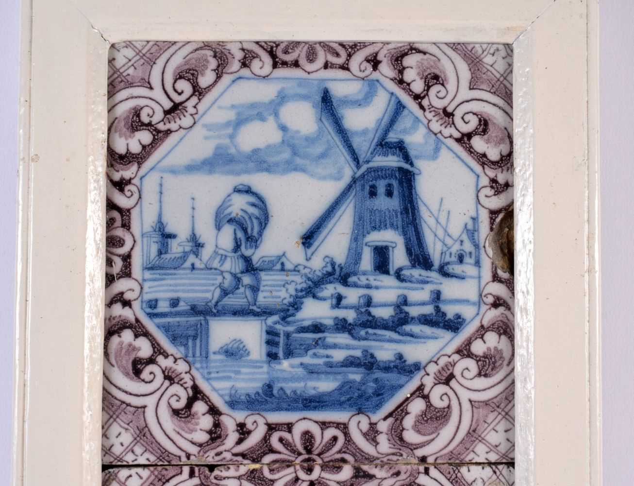 A SET OF THREE 18TH CENTURY DUTCH DELFT MANGANESE BLUE AND WHITE TILES. 42 cm x 15 cm. - Image 2 of 5