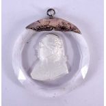 AN 18TH CENTURY FRENCH SILVER MOUNTED SULPHITE CRYSTAL CAMEO PENDANT. 7.5 cm wide.