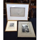 A framed pencil drawing of a harbour scene together with two framed etchings. Largest 19 x 32cm (