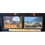Two framed water colours signed indistinctly; a still life of fruit and a gathering of women on a