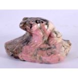 A CHINESE REPUBLICAN PERIOD PINK AGATE STONE FROG modelled upon a lily pad. 7.5 cm x 7.5 cm.