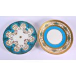 Late 19th/early 20th century Minton plate richly decorated with turquoise floral gilt panels, two