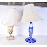 A Bohemian glass lampstand together with a marble based lampshade. 60 cm (2).