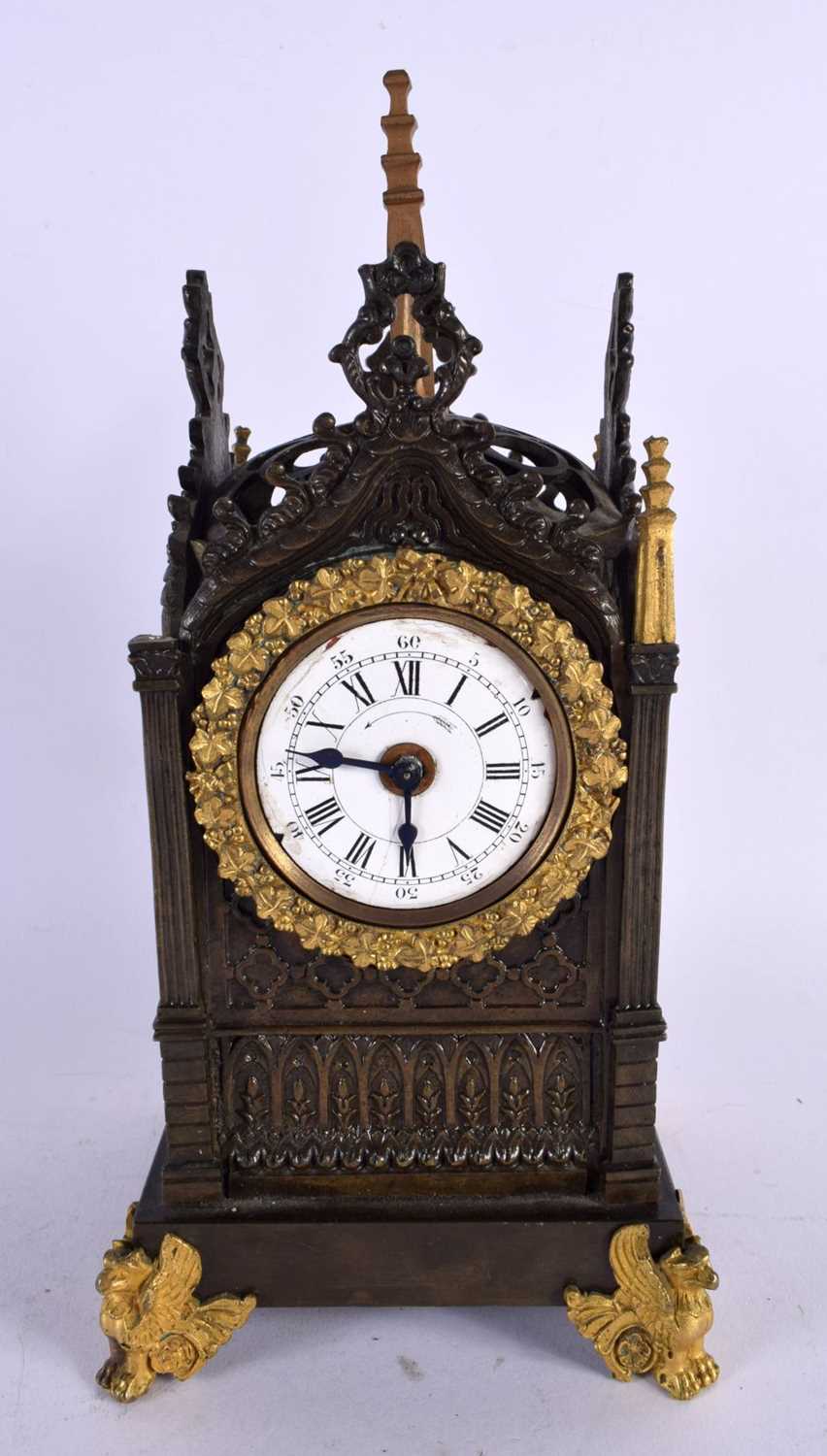 A LATE 19TH CENTURY FRENCH GOTHIC REVIVAL BRONZE LANTERN CLOCK of architectural form. 27 cm x 10