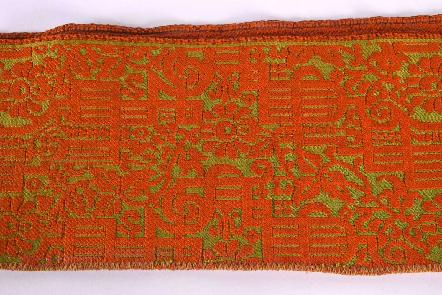 A 19TH CENTURY TURKISH ORANGE AND RED SILK EMBROIDERED BELT decorated with gold motifs. 280 cm - Image 3 of 8