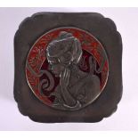 AN ART NOUVEAU PEWTER AND ENAMEL BOX AND COVER formed as a classical maiden amongst foliage. 13 cm