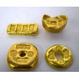FOUR CHINESE YELLOW METAL SCROLL WEIGHTS 20th Century. 341.3 grams. 4.25 cm x 4.25 cm. (4)