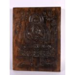 AN EARLY 20TH CENTURY INDIAN SOUTH EAST ASIAN WOOD PANEL depicting a buddha amongst foliage. 30 cm x