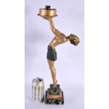 A LARGE ART DECO PAINTED SPELTER FIGURAL LAMP. 45 cm high.