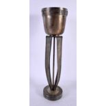 A STYLISH ART NOUVEAU HAMMERED PEWTER ARMORIAL VASE bearing inscription to top. 38 cm x 10 cm.
