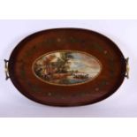 AN EDWARDIAN MAHOGANY PAINTED WOOD TRAY depicting a coastal scene. 45 cm x 30 cm.