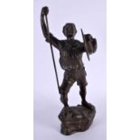 AN EARLY 20TH CENTURY EUROPEAN BRONZE FIGURE OF A MALE modelled holding a staff. 30 cm x 10 cm.