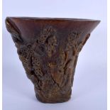 A CHINESE CARVED BUFFALO HORN TYPE LIBATION CUP 20th Century. 831 grams. 14 cm x 14 cm.